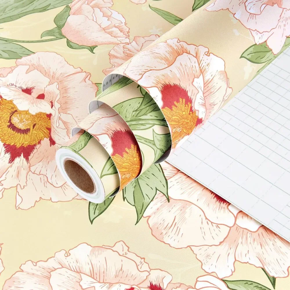 Blooming Big Peony with Green Leaf Textured Peel and Stick Wallpaper 17.5x102 in
